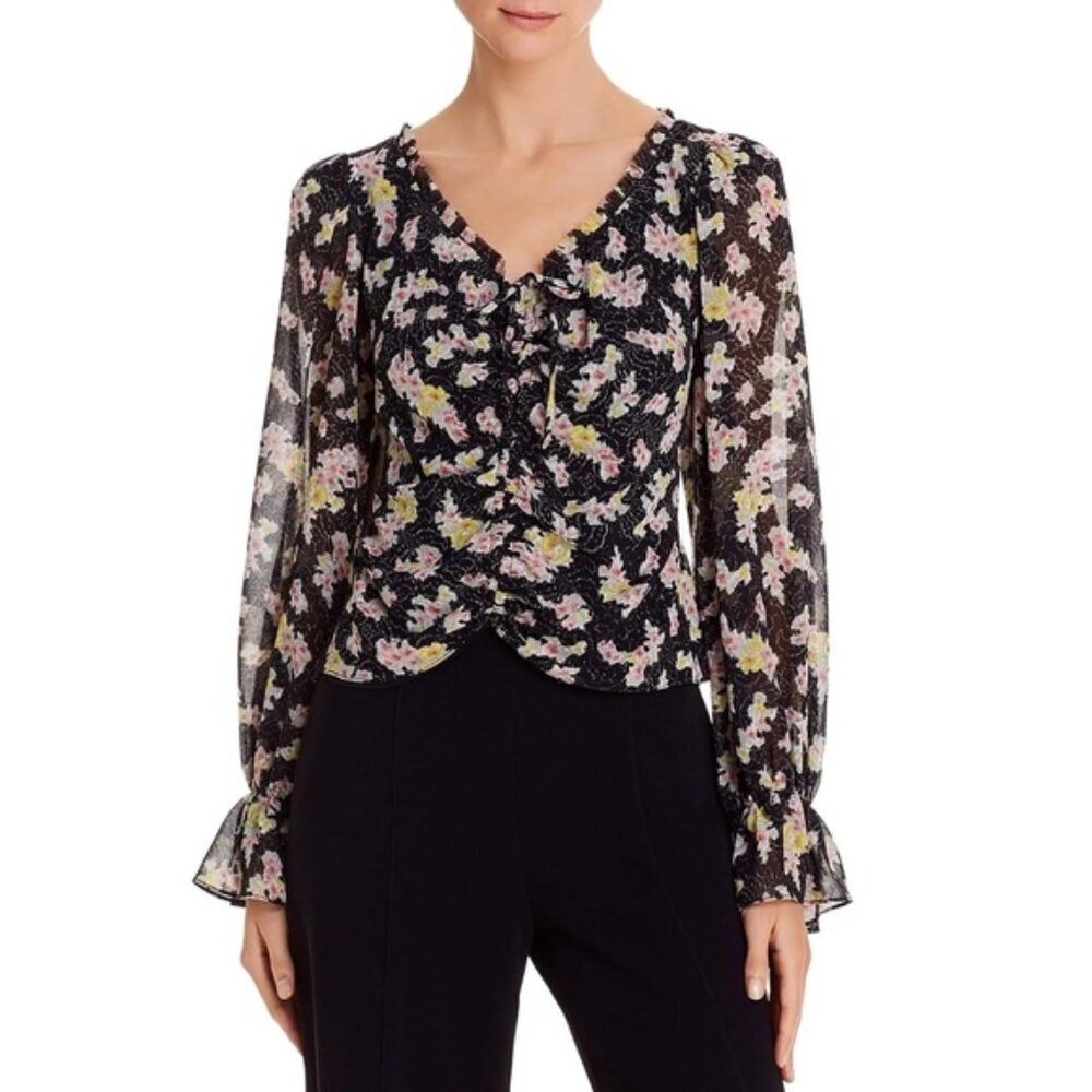 NWT cinq a sept Elastic Cuffs LS Vneck Tie Front Floral Sheer Kimberly Top XS